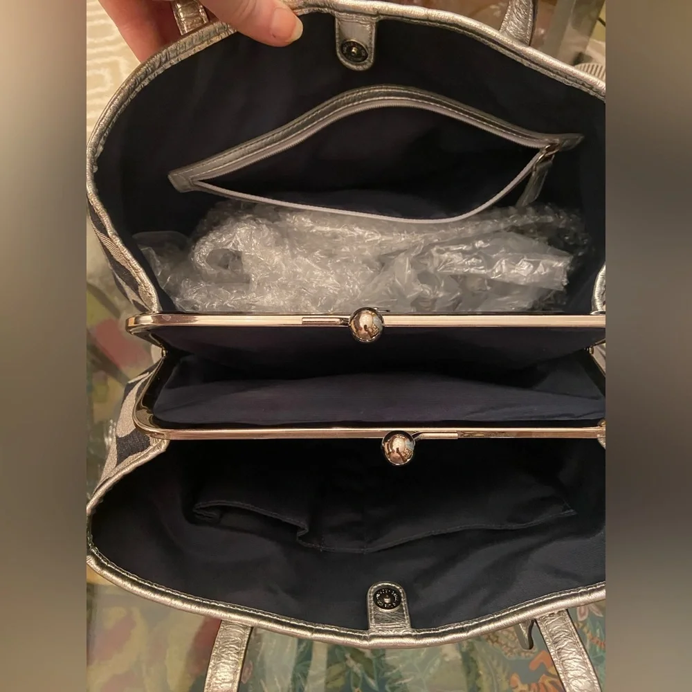 Authentic Coach Denim & Metallic Silver Signature Kisslock Y2K Bag - Picture 3 of 11